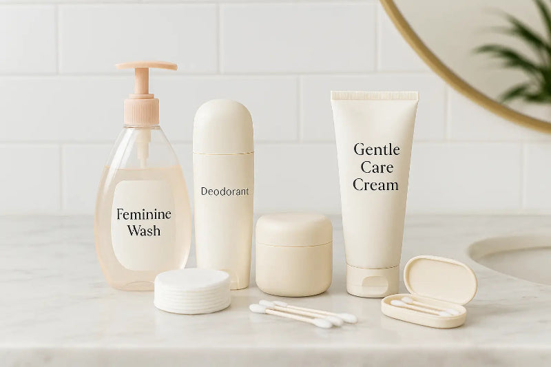 A clean organized display of health care essentials including thermometers, blood pressure monitors, first aid kits, personal hygiene products, and wellness accessories arranged neatly on a bright background